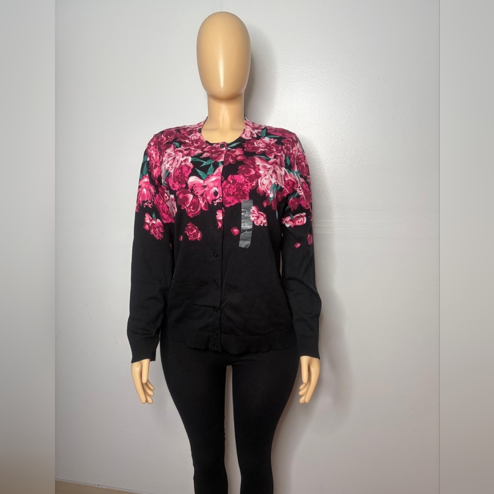 Karen Scott Black and Pink Floral Button Down Cardigan Size L